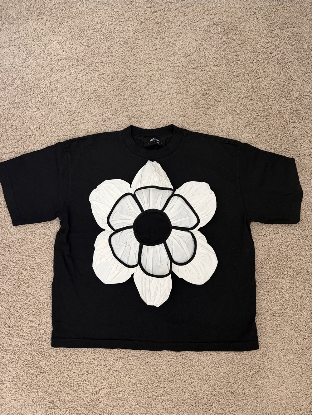 Meme Black Tee with White Flower Applique